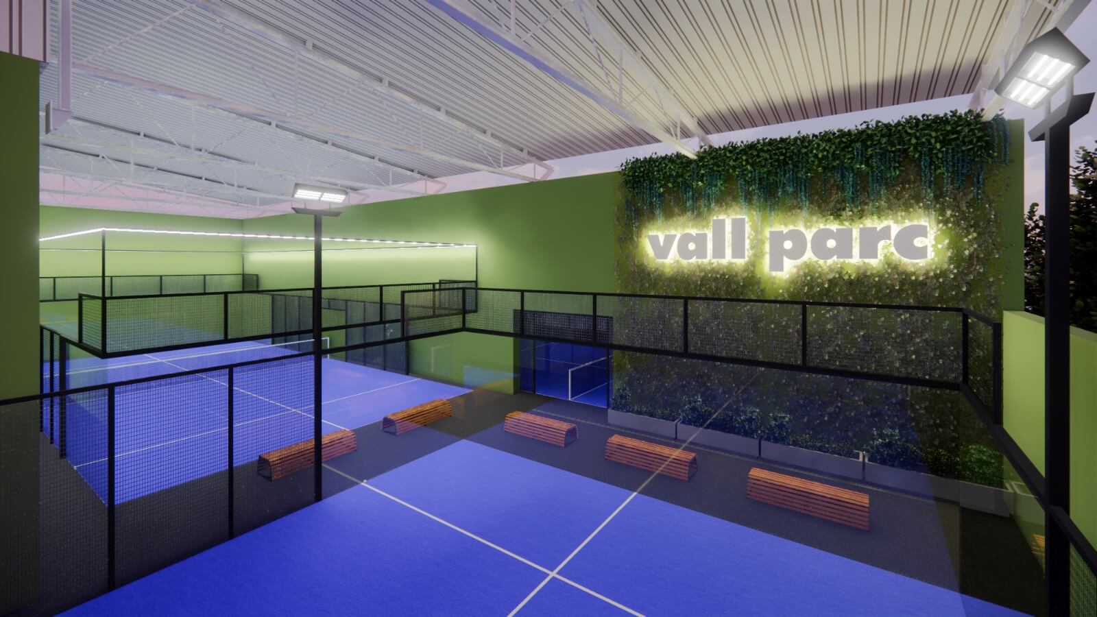 Las nuevas pistas de pádel de Vall Parc iluminadas al anochecer